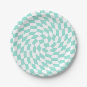 Retro Pastel Baby Blue Checks Warped Chequerboard Paper Plate