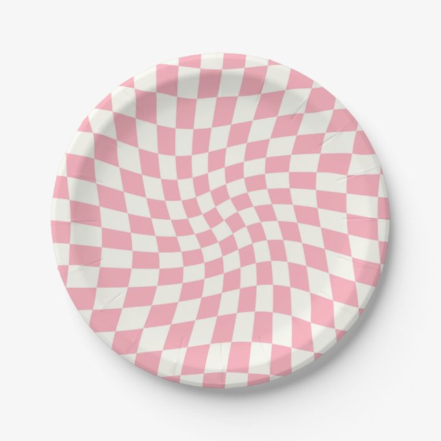 Retro Pastel Baby Pink Checks Warped Chequerboard Paper Plate (Front)