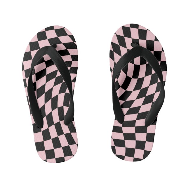 Retro Pastel Black Pink Checks Warped Chequerboard Kid's Flip Flops (Footbed)