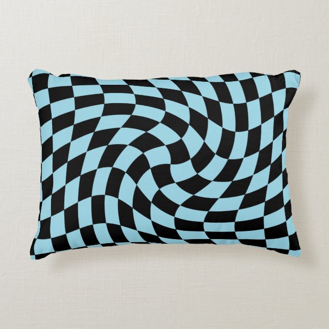 Retro Pastel Blue Black Warped Check Chequered  Decorative Cushion (Front)