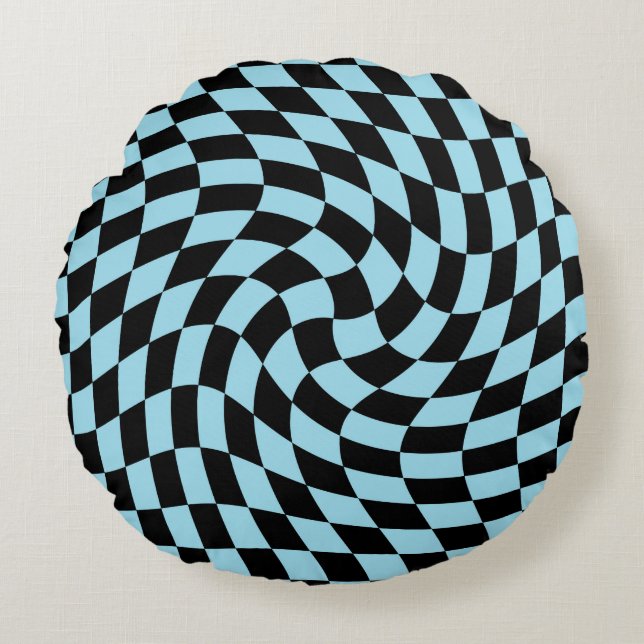 Retro Pastel Blue Black Warped Check Chequered  Round Cushion (Front)