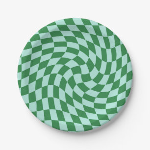 Retro Pastel Blue Green Checks Warped Checkerboard Paper Plate