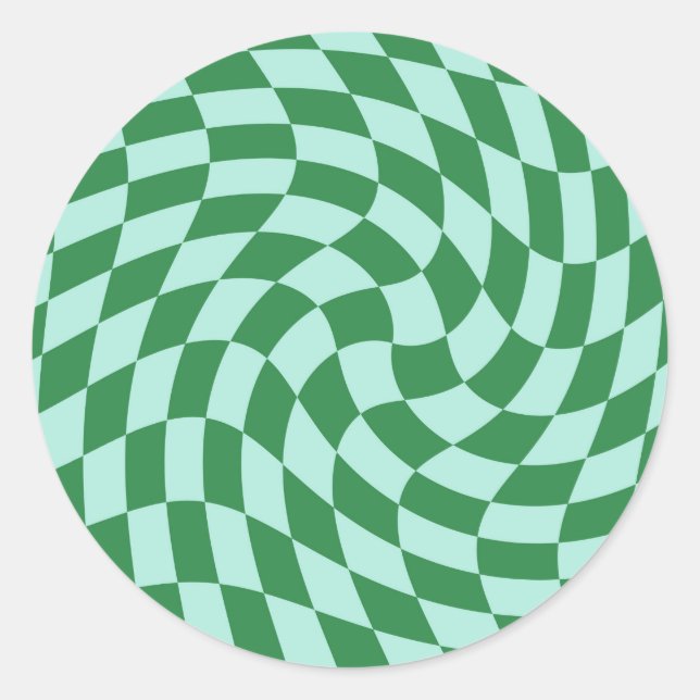 Retro Pastel Blue Green Warped Checks Chequered    Classic Round Sticker (Front)