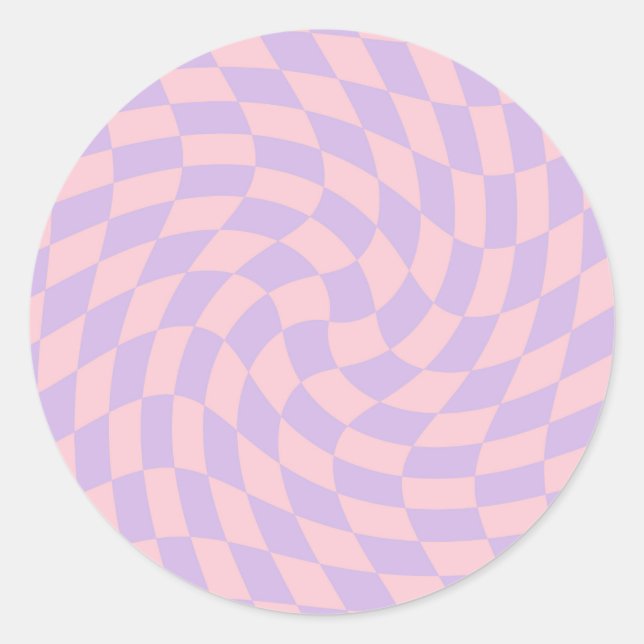 Retro Pastel Blue Pink Warped Checks Chequered   Classic Round Sticker (Front)
