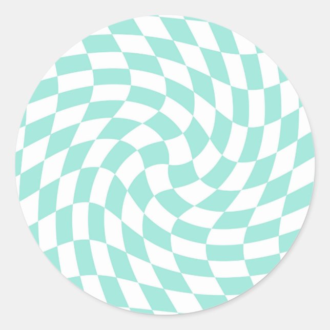 Retro Pastel Blue Warped Checks Chequered   Classic Round Sticker (Front)