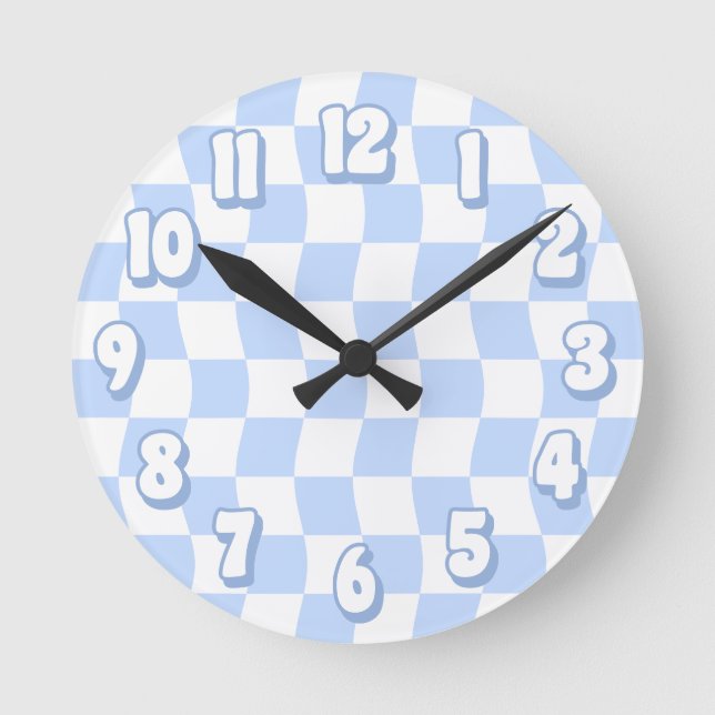 Retro Pastel Blue White Wavy Chequered Round Clock (Front)
