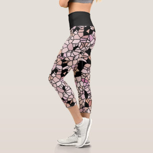 Retro Pastel Blush Pink Black Mosaic Pattern Capri Leggings