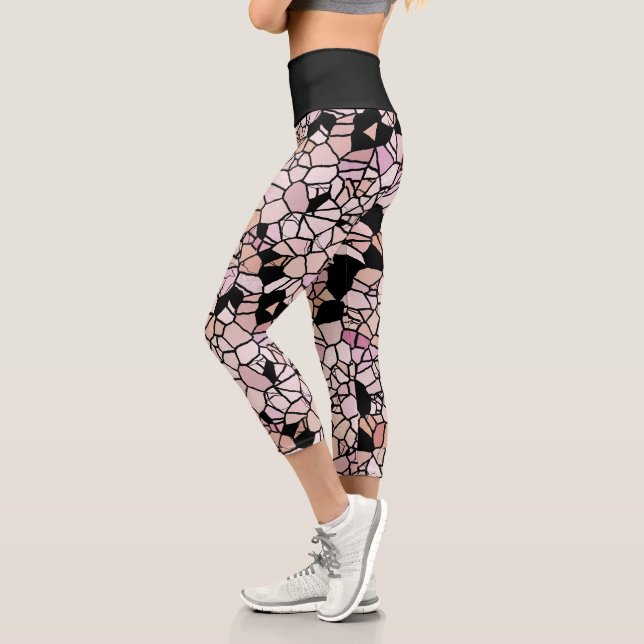 Retro Pastel Blush Pink Black Mosaic Pattern Capri Leggings (Left)