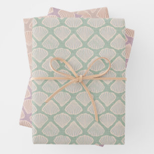 Retro pastel boho wrapping paper with sea shells