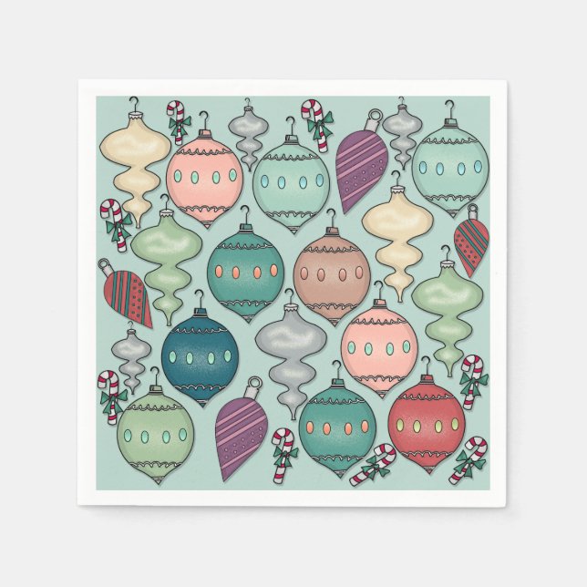 Retro Pastel Christmas Ornaments on Opal Blue Napkin (Front)
