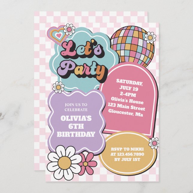 Retro pastel disco ball and daisy Birthday Invitation (Front/Back)