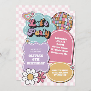Retro pastel disco ball and daisy Birthday Invitation