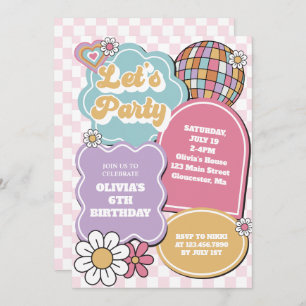 Retro pastel disco ball and daisy Birthday Invitation
