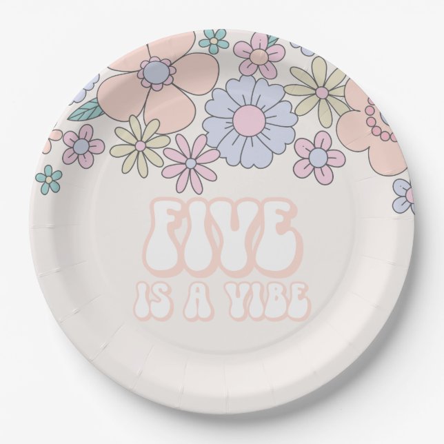 Retro pastel Floral Five is a Vibe birthday Paper Plate (Front)