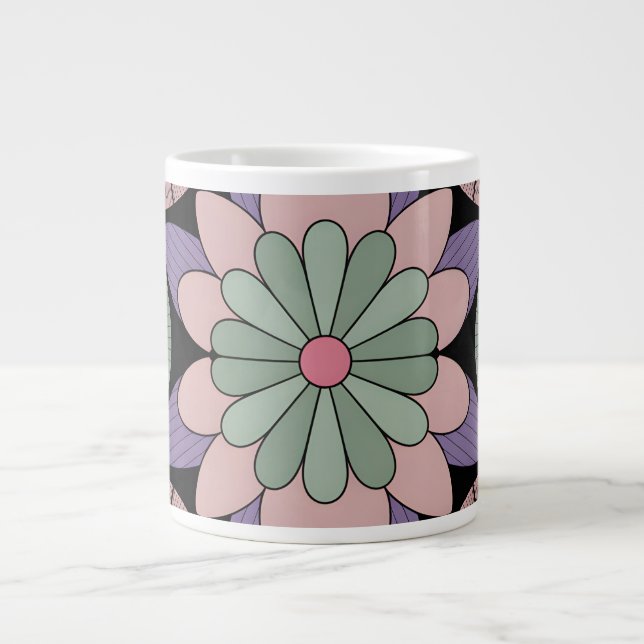 Retro Pastel Floral Mandala Symmetry Large Coffee Mug (Front)