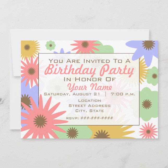 Retro Pastel Flowers Birthday Party Invitation (Front)