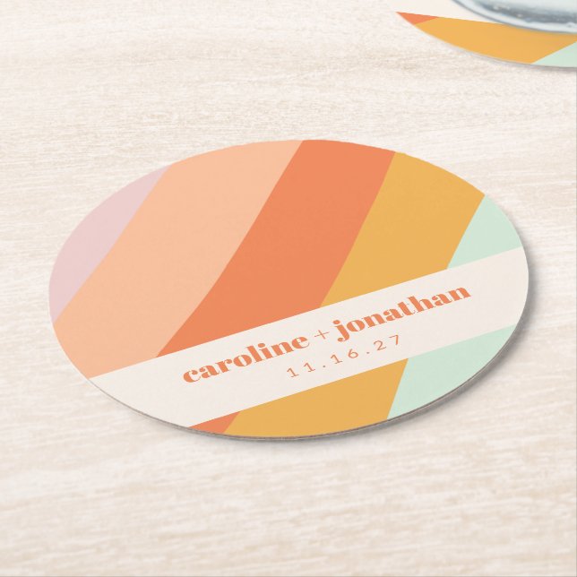 Retro Pastel Geometric Art Custom Wedding  Round Paper Coaster (Angled)