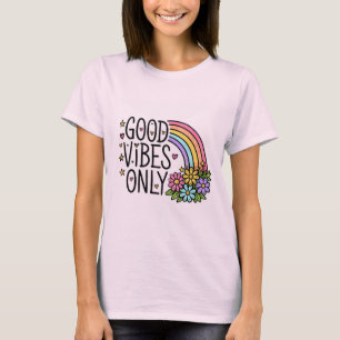 )Retro Pastel Good Vibes Only Rainbow and Flowers T-Shirt