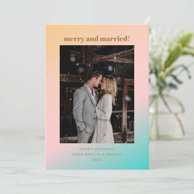 Retro Pastel Gradient Merry Married Wedding Photo Holiday Card (Standing Front)