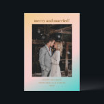 Retro Pastel Gradient Merry Married Wedding Photo Holiday Card<br><div class="desc">Retro Summer Beach Vibes Pastels Gradient Unique Wedding Merry and Married Card with Photo</div>