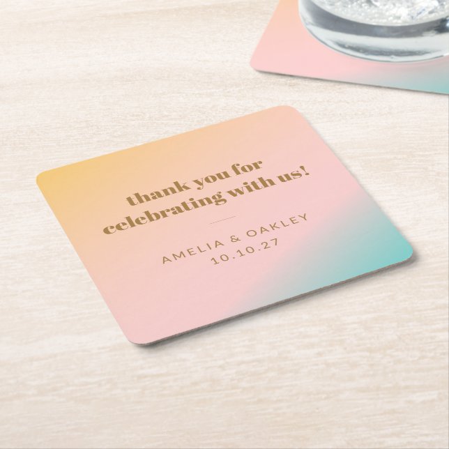Retro Pastel Gradient Unique Wedding Custom Thanks Square Paper Coaster (Angled)