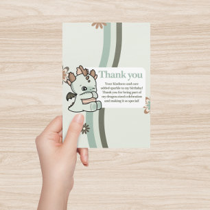 Retro Pastel Green Brown Cute Baby Dragon Thank You Card