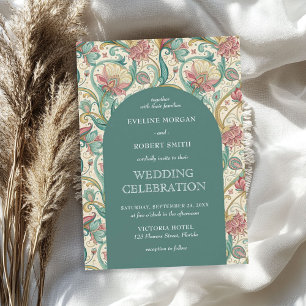 Retro pastel green dusty pink floral Art Nouveau Invitation