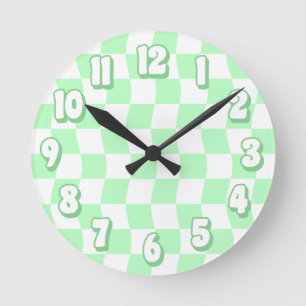 Retro Pastel Green White Wavy Chequered Pattern Round Clock