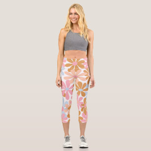 Retro Pastel Groovy Daisy Flower Pattern Capri Leggings