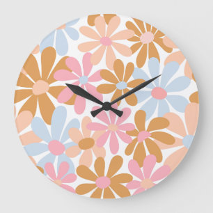 Retro Pastel Groovy Daisy Flower Pattern Large Clock