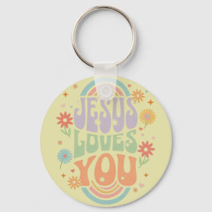 Retro Pastel “Jesus Loves You” Christian Design – Key Ring