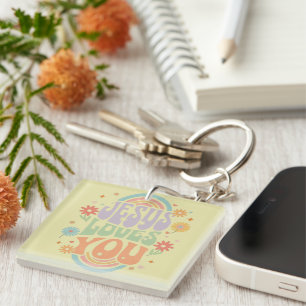 Retro Pastel “Jesus Loves You” Christian Design – Key Ring