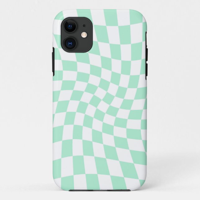 Retro Pastel Mint Green Checks Warped Chequerboard Case-Mate iPhone Case (Back)