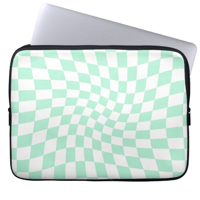 Retro Pastel Mint Green Checks Warped Chequerboard Laptop Sleeve (Front)