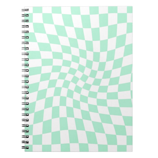Retro Pastel Mint Green Checks Warped Chequerboard Notebook (Front)