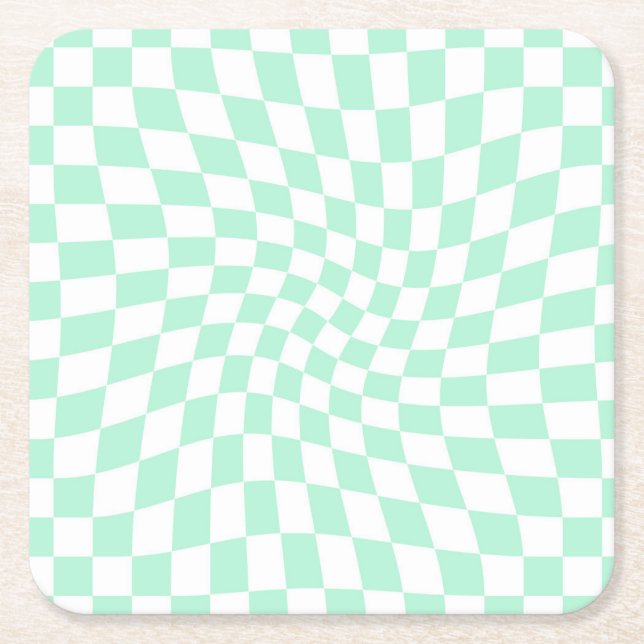 Retro Pastel Mint Green Checks Warped Chequerboard Square Paper Coaster (Front)