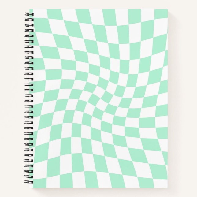 Retro Pastel Mint Green Checks Warped Chequered Notebook (Front)