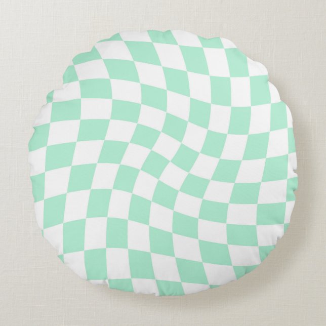 Retro Pastel Mint Green Checks Warped Chequered   Round Cushion (Front)