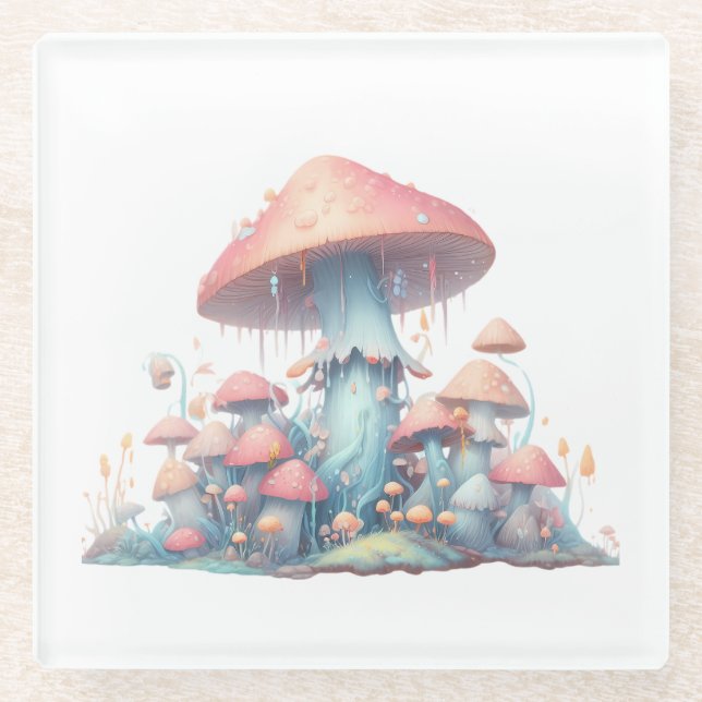 Retro pastel mushrooms design with soft colours 02 glass coaster (Front)