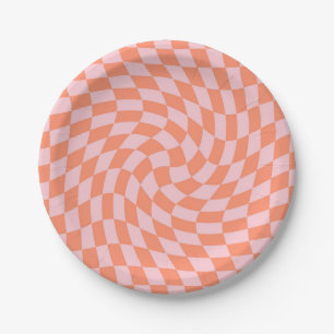 Retro Pastel Peach Checks Warped Checkerboard  Paper Plate