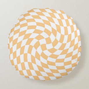 Retro Pastel Peach White Warped Check Chequered   Round Cushion