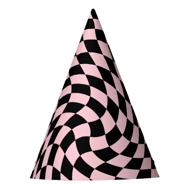 Retro Pastel Pink & Black Chequered     Party Hat (Front)