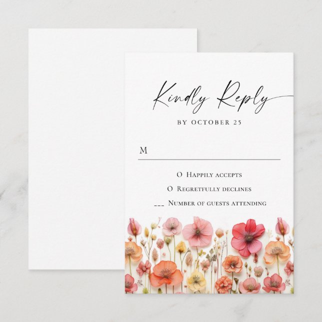 Retro Pastel Pink Boho Wild Flowers Wedding RSVP Card (Front/Back)