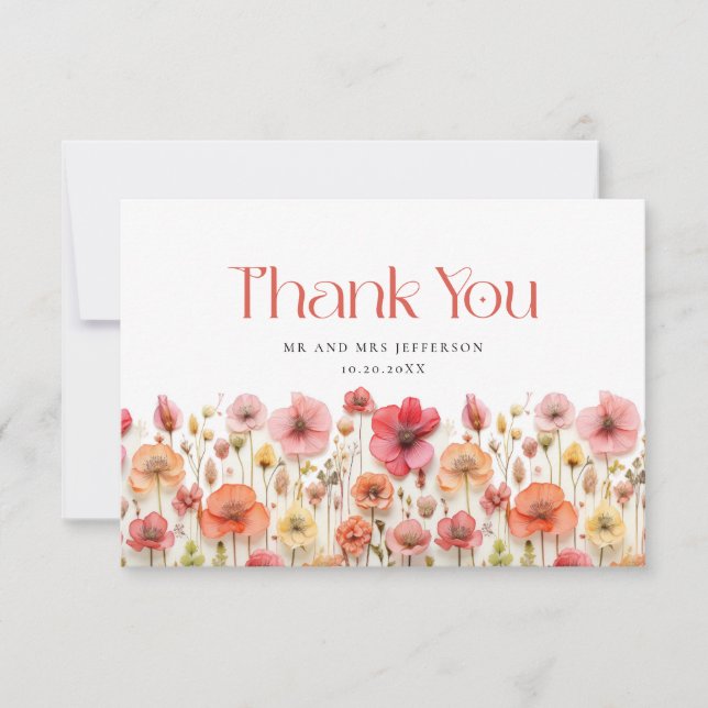 Retro Pastel Pink Boho Wildflower Thank You Card (Front)