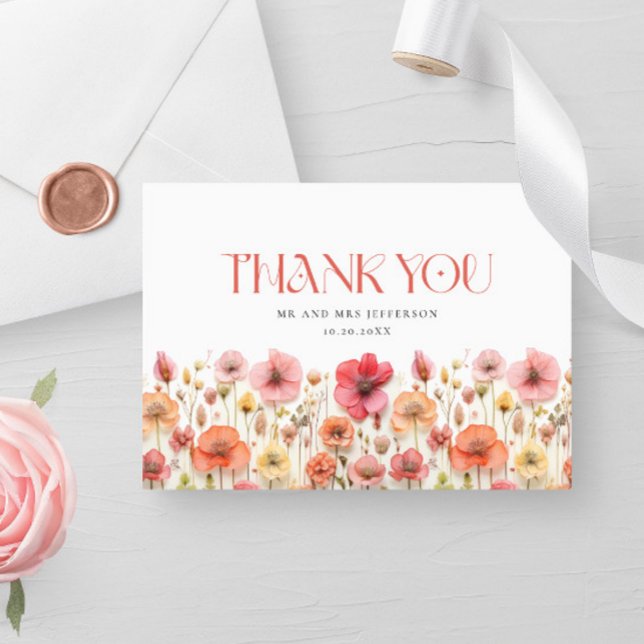 Retro Pastel Pink Boho Wildflower Thank You Card (Creator Uploaded)