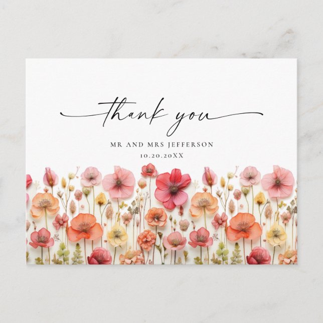 Retro Pastel Pink Boho Wildflower Thank You Postcard (Front)