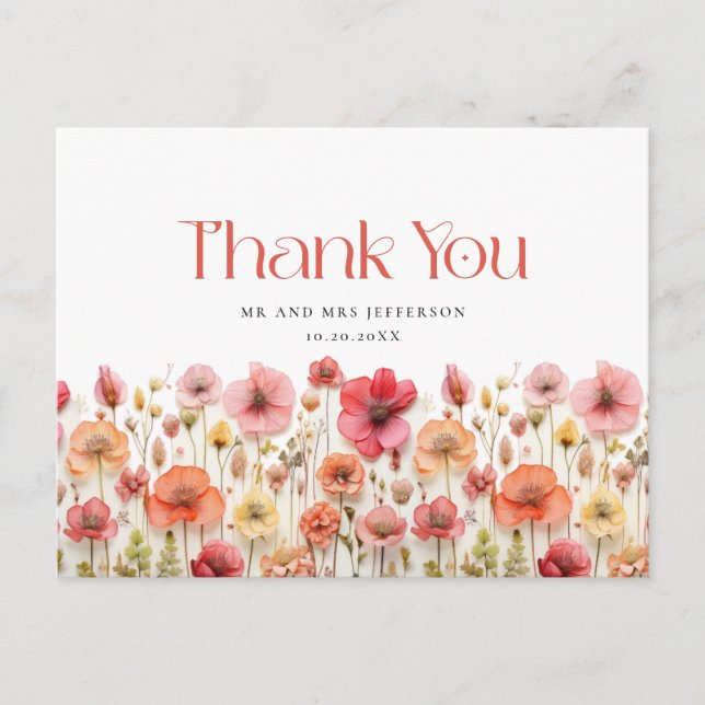Retro Pastel Pink Boho Wildflower Thank You Postcard (Front)