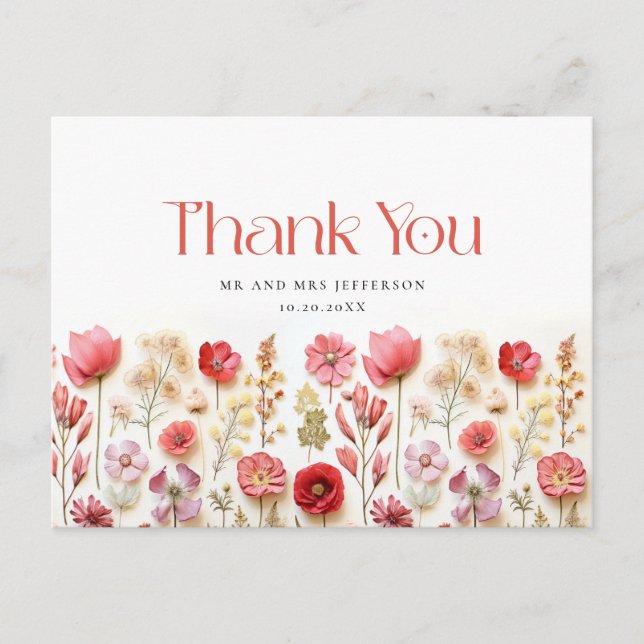 Retro Pastel Pink Boho Wildflower Thank You Postcard (Front)