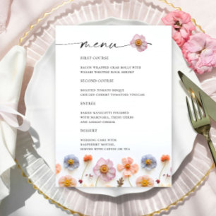 Retro Pastel Pink Boho Wildflower Wedding Details Menu