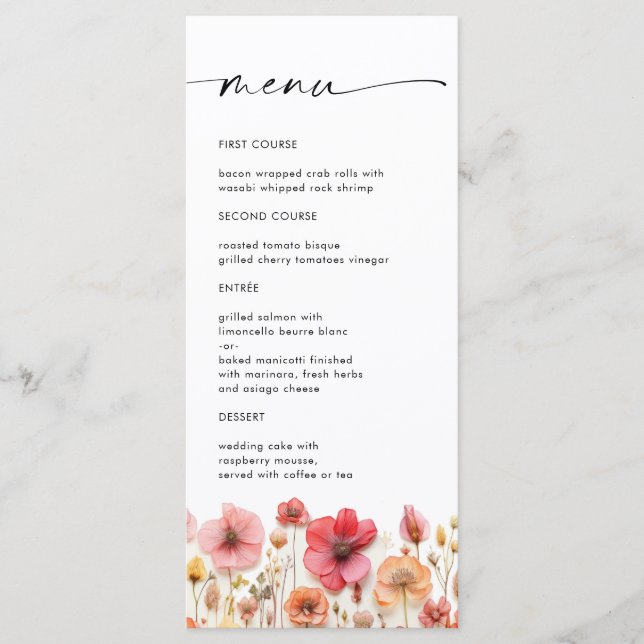 Retro Pastel Pink Boho Wildflower Wedding Details Menu (Front)